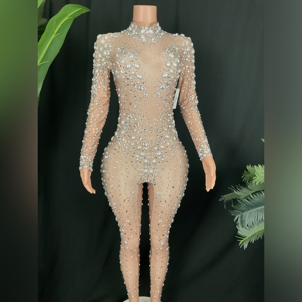 Rhinestone Mirror and Pearl Embellished Long Sleeve Bodycon Jumpsuit (Spandex)
